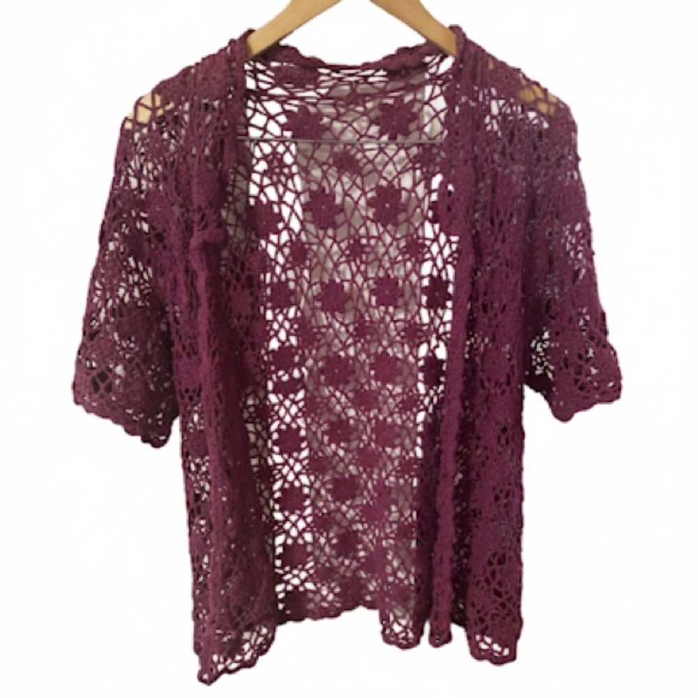 Purple Crochet Open-Front Cardigan